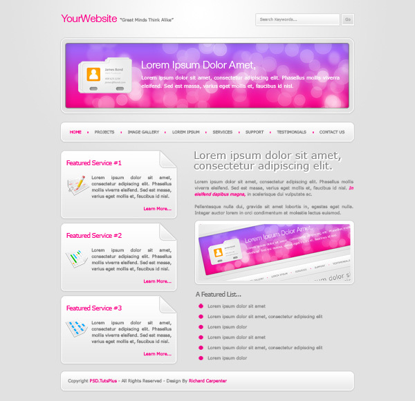 在photoshop中绘制一个色彩绚丽的WEB效果图<br /><br /> http://psd.tutsplus.com/tutorials/interface-tutorials/how-to-create-a-unique-colorful-site-layout/