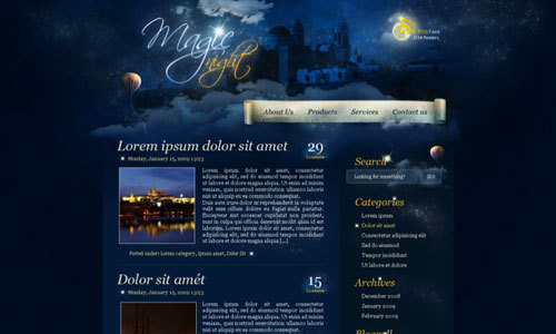 在photoshop中绘制一个魔法夜晚主题的页面<br /> http://psd.tutsplus.com/tutorials/interface-tutorials/photoshop-web-design-night-theme/