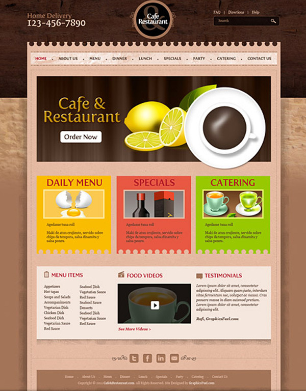 咖啡馆和餐厅模板PSD<br /> http://downloadpsd.com/templates/cafe-and-restaurant-template-psd/
