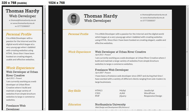 Responsive HTML/CSS3 CV Template<br /> http://www.thomashardy.me.uk/free-responsive-html-css3-cv-template