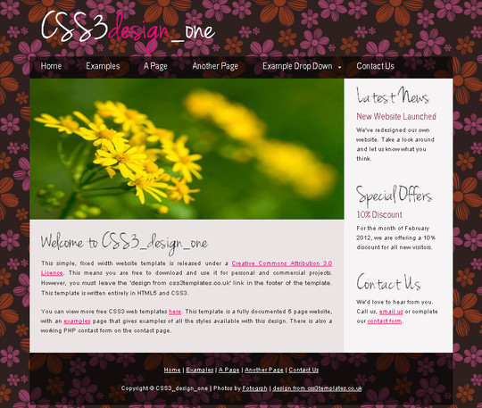 Demo:<br /> http://www.css3templates.co.uk/templates/CSS3_design_one/index.html<br /> Download:<br /> http://www.css3templates.co.uk/templates.html