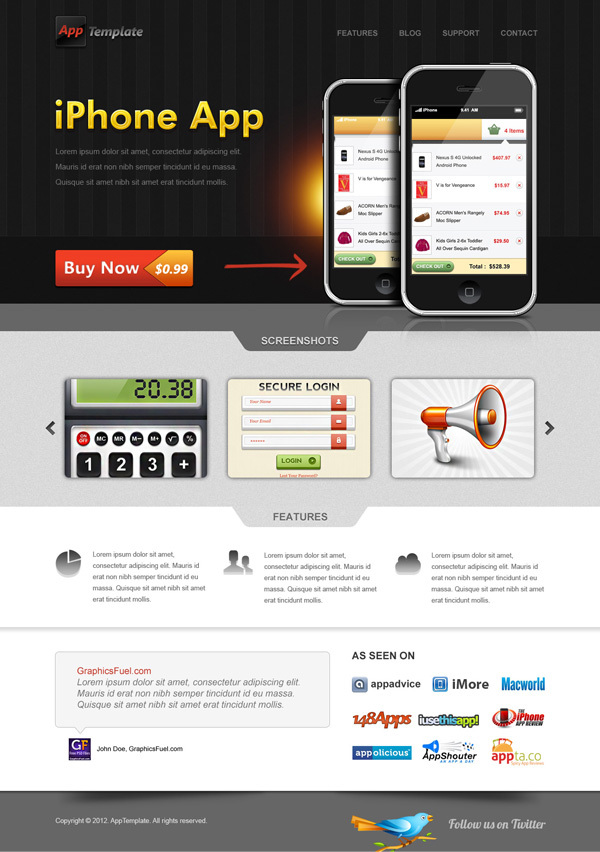iPhone应用程序网站模板<br /> http://www.graphicsfuel.com/2012/01/iphone-app-website-template-psd/#data