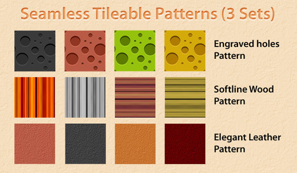 Seamless Tileable Patterns<br /> http://www.graphicsfuel.com/2010/08/seamless-tileable-patterns-engraved-holes-wood-and-leather-in-3-sets/