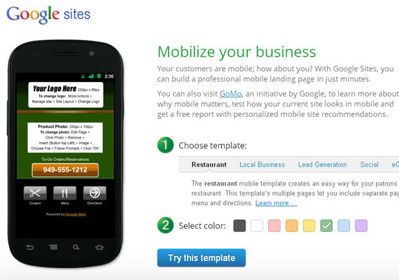 Google Sites<br /> http://www.google.com/sites/help/mobile-landing-pages/mlpb.html<br /> 谷歌网站，你可以在短短几分钟内建立一个专业的移动登陆页面。