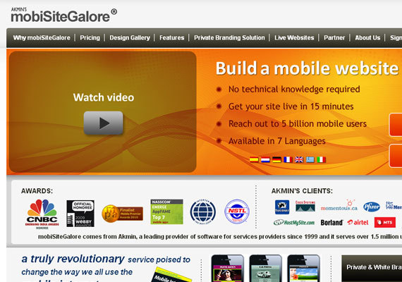 mobiSiteGalore<br /> http://www.mobisitegalore.com/<br /> mobiSiteGalore是一个移动的网站生成器，用户可以轻松地创建，发布和共享移动网站。无需任何技术基础，无需安装与下载。