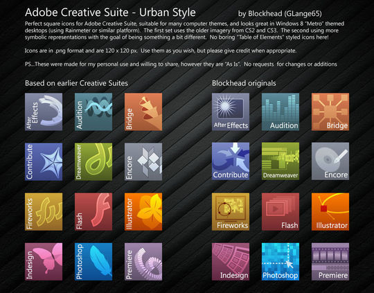 Adobe Creative Suite Icons<br /> http://glange65.deviantart.com/art/Adobe-Creative-Suite-Icons-299666233?q=in%3Acustomization%2Ficons%20sort%3Atime%20icons%20sets&qo=9