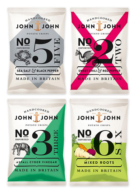 John John Crisps Packaging by Peter Schmidt Group<br /> http://www.designworklife.com/2011/11/22/john-john-crisps-packaging/