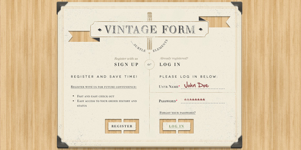  Vintage Sign Up Login Form PSD<br /> http://www.pixeden.com/psd-web-elements/vintage-sign-up-login-form-psd#