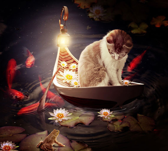 在photoshop中绘制一个小猫坐小船的超现实主义插画<br /> http://psd.fanextra.com/tutorials/photo-effects/members-area-tutorial-create-a-cat-in-a-magical-pond-scene-photo-manipulation/