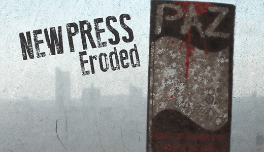 New Press Eroded<br /> http://www.dafont.com/new-press-eroded.font