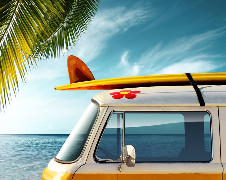Detail of a vintage van in the beach with a surfboard on the roof by Ccaetano