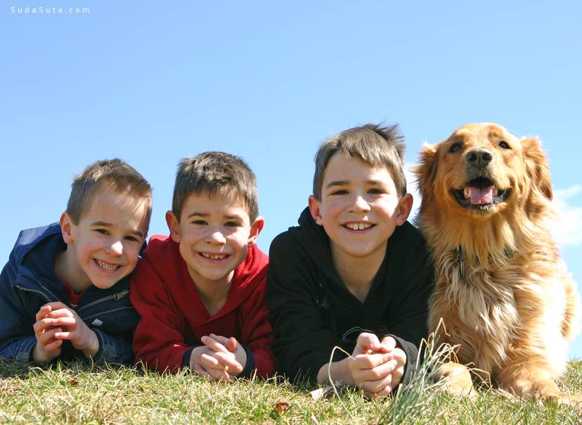 Boys Laying in Grass With Dog