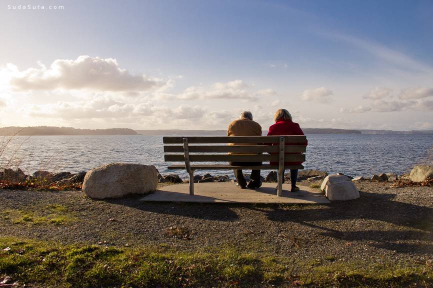 Elderly Couple Relaxing Together on Park Bench Facing a Lake