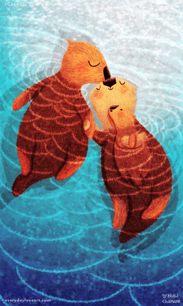 Illustration of sea otter family