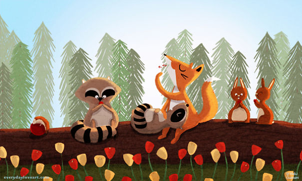 Illustration of forest animals snacking together