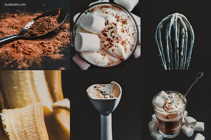 Six squares about banana hot chocolate with marshmallow